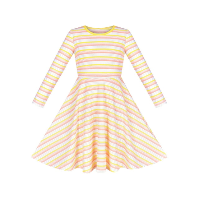 Robe Fille Manches Longues Rayée Jaune Coton Décontractée Usage Quotidien 5 Ans