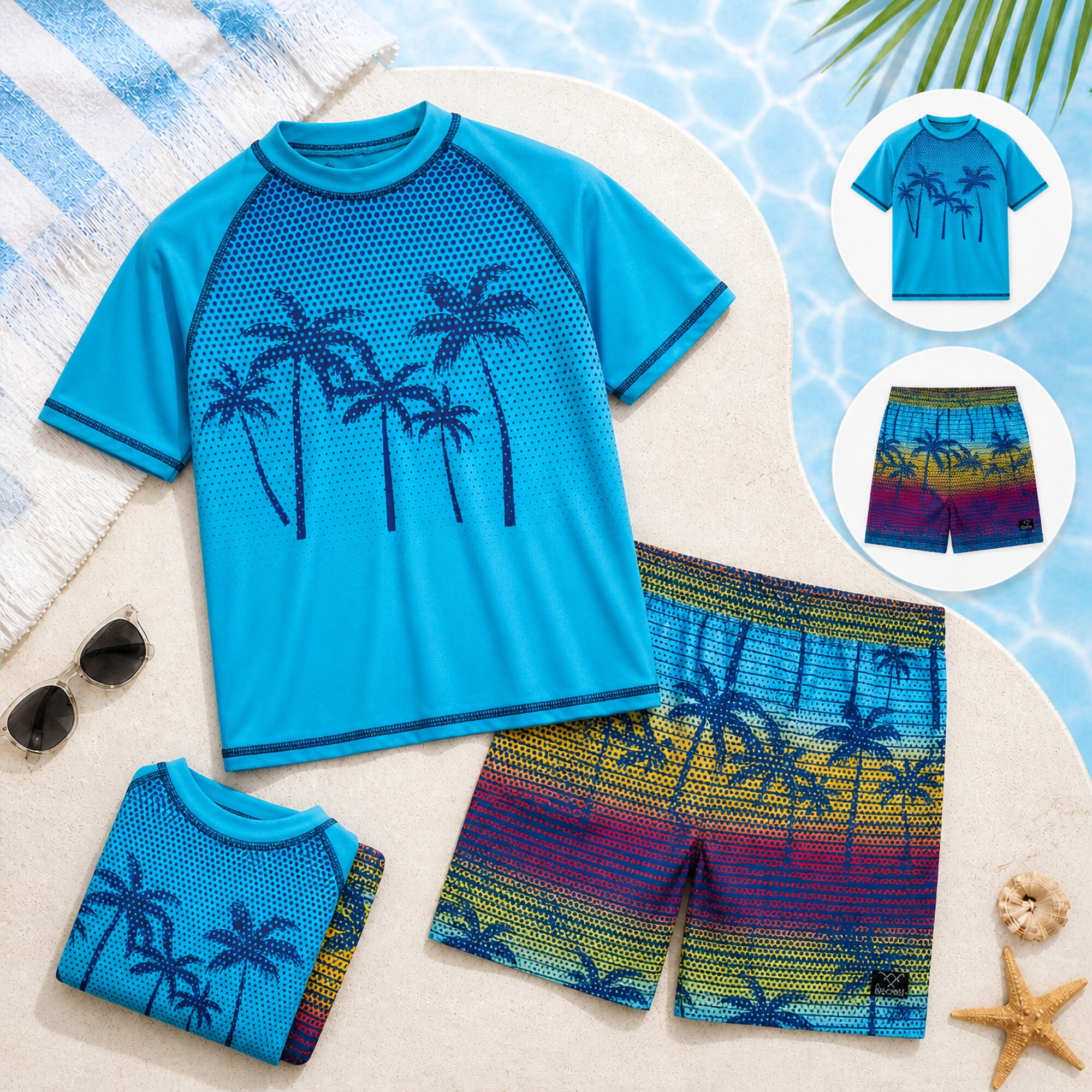 Big Chill Boys Swim Set - UPF50+ Short Sleeve Rash Guard Swim Shirt and Swim Trunks 2 Piece Set