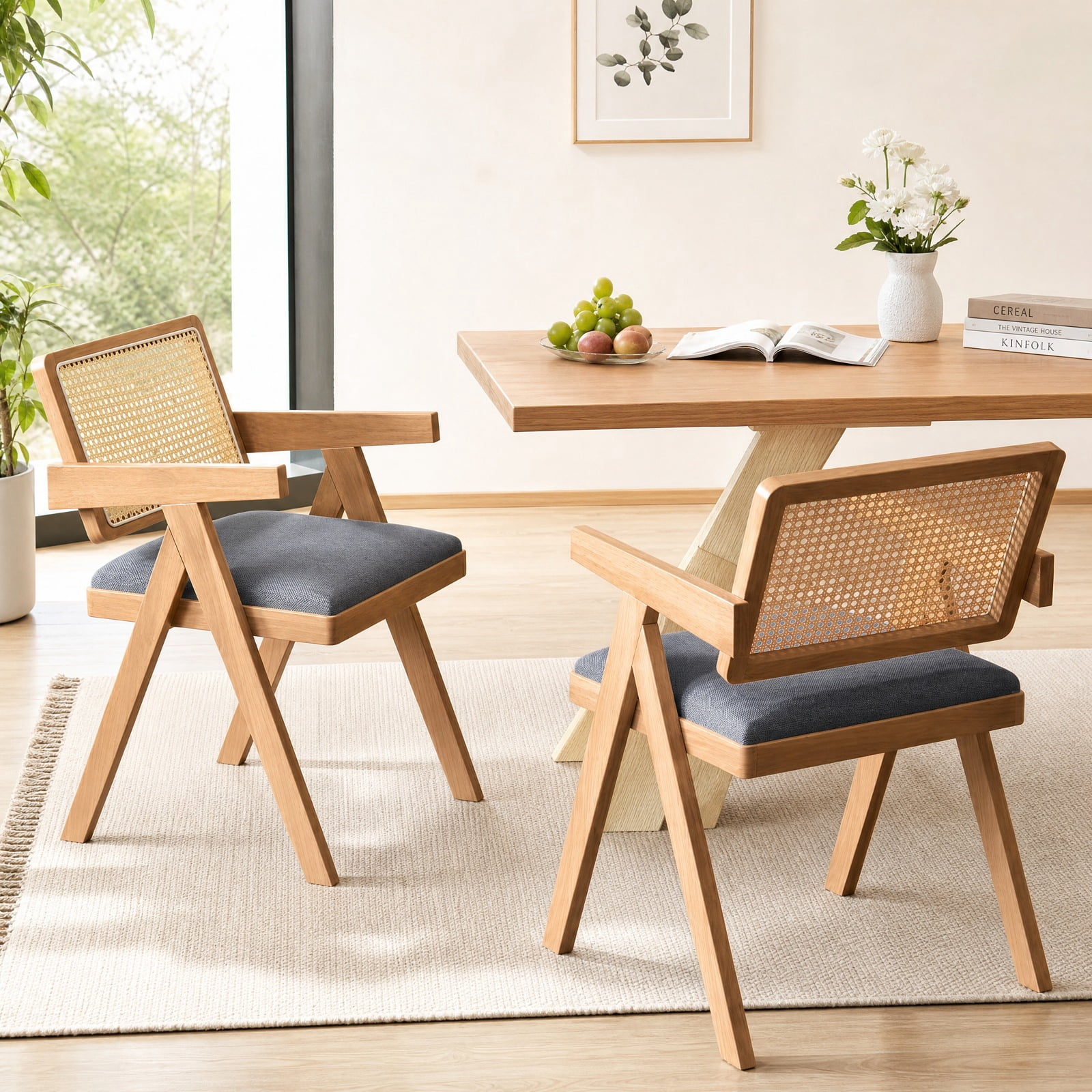 Furnibear Set of 2 Rattan Accent Chairs with Padded Cushion and Rubber Wood Frame for Dining Room Kitchen and Living Room, Gray