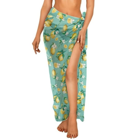 FKELYI Floral Lemon Green Print Sarong Bathing Suit Cover Up for Women Long Pareo Breathable Beach Wraps Summer Swimsuit Coverup Skirt Chic Bikini Cover-Up for Beach Party