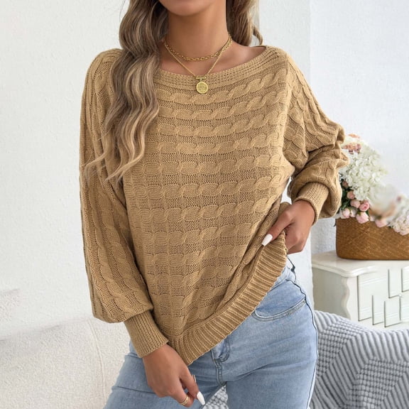 thefmos Women's Off Shoulder Puff Sleeve Sweater Cable Knit Solid Color Cozy Pullover Trendy Fall Winter Outfit, Khaki XL