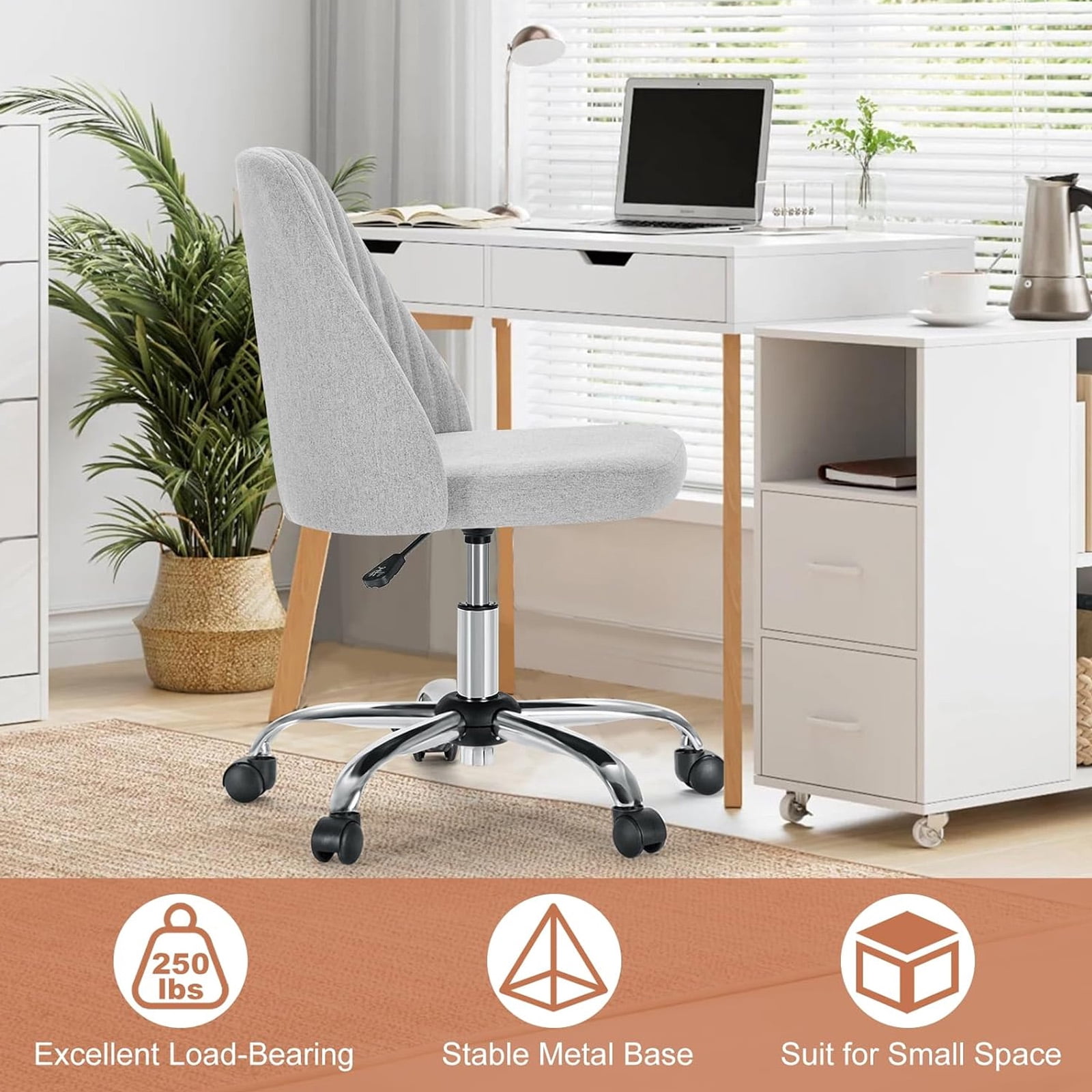 Casabay Armless Office Chair, Extra Cushion Padded Compact Upholstered Desk Chair with Back Support, Rolling Swivel Vanity Chair for Home Office, Gray