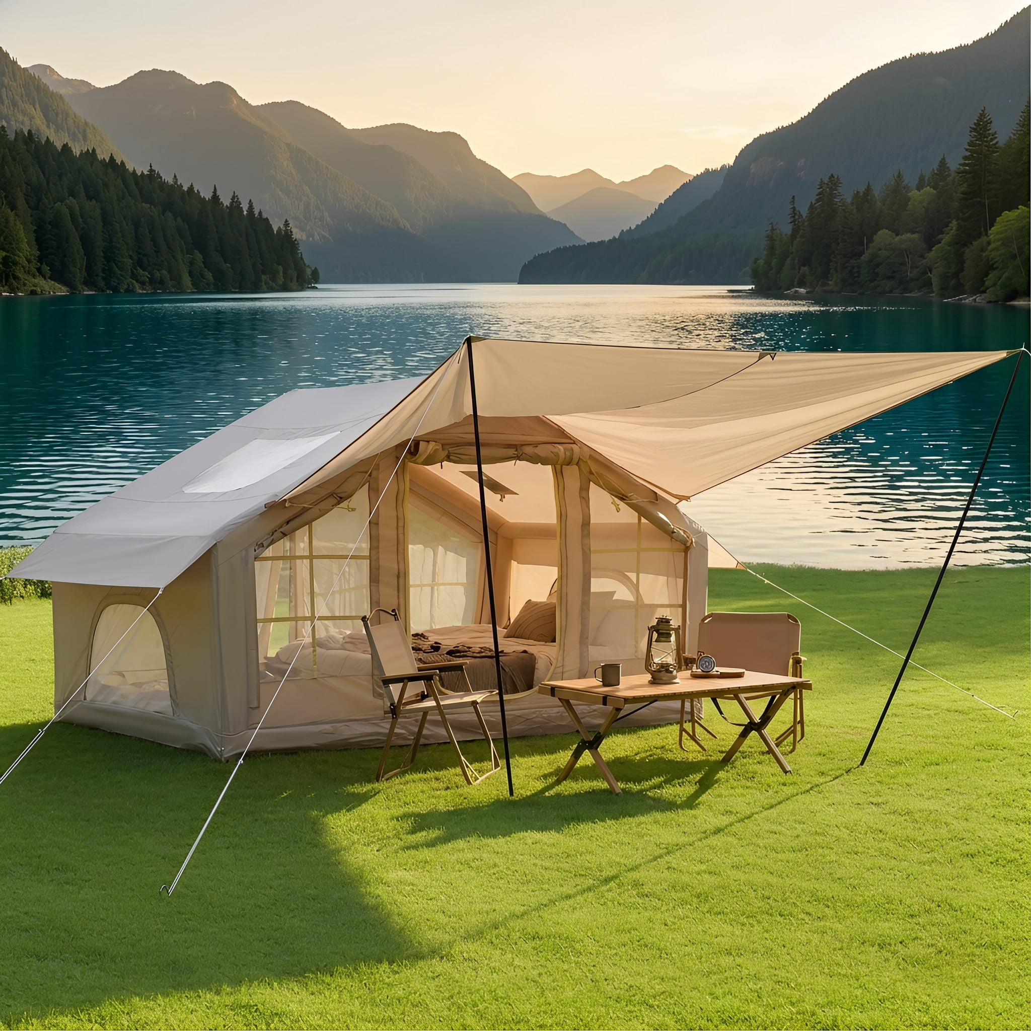 NOBOLEA Inflatable Tent with Extended Awning, 4-6 Person Quick 5-Min Setup Air Tent, 420D Waterproof Camping Shelter with Mesh Windows for Outdoor Family Travel