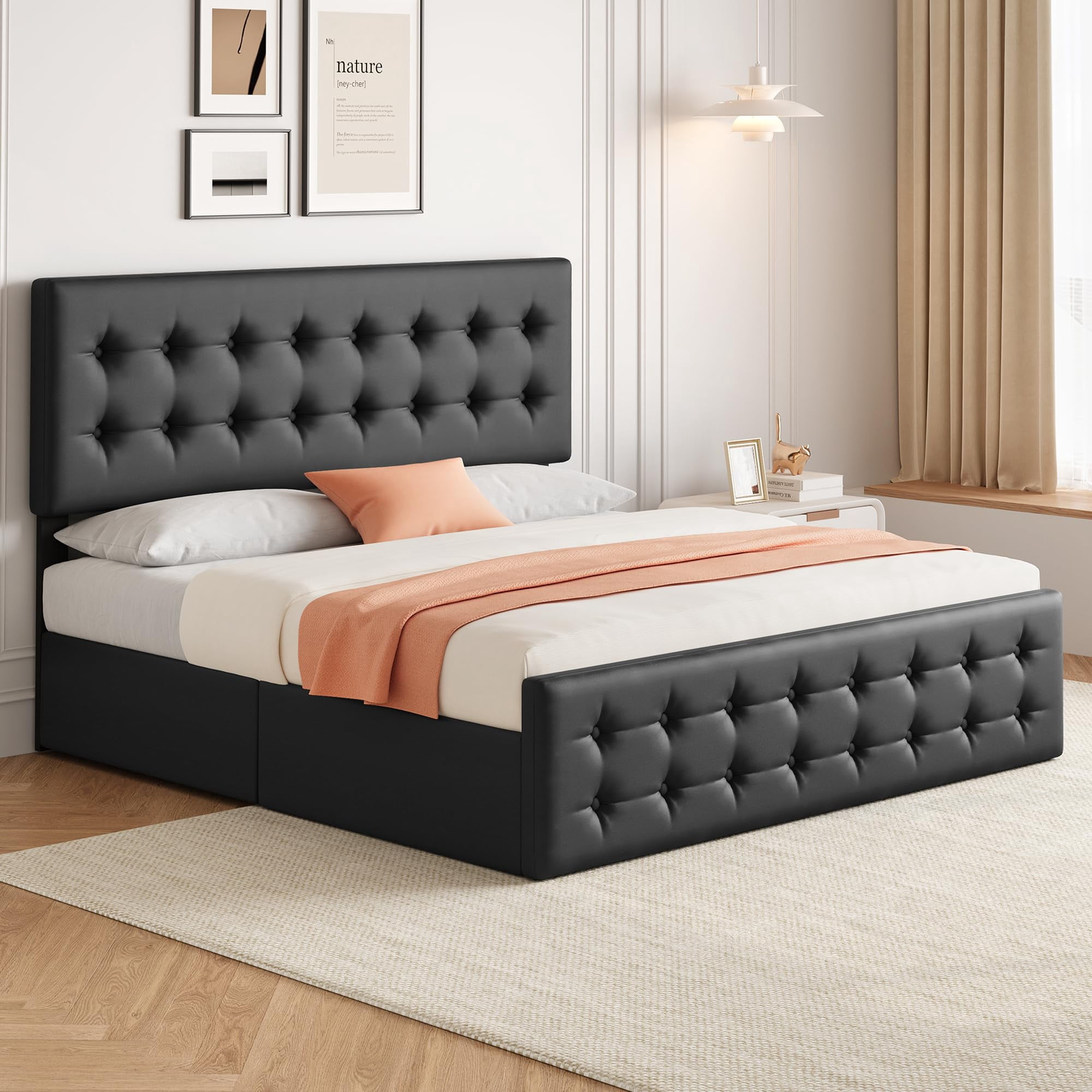 TROPOW King Size Bed Frame,with 4 Storage Drawers and Headboard, Linen Upholstered Platform Bed Frame with Wooden Slats Support, Button Tufted Design, No Box Spring Needed,Black
