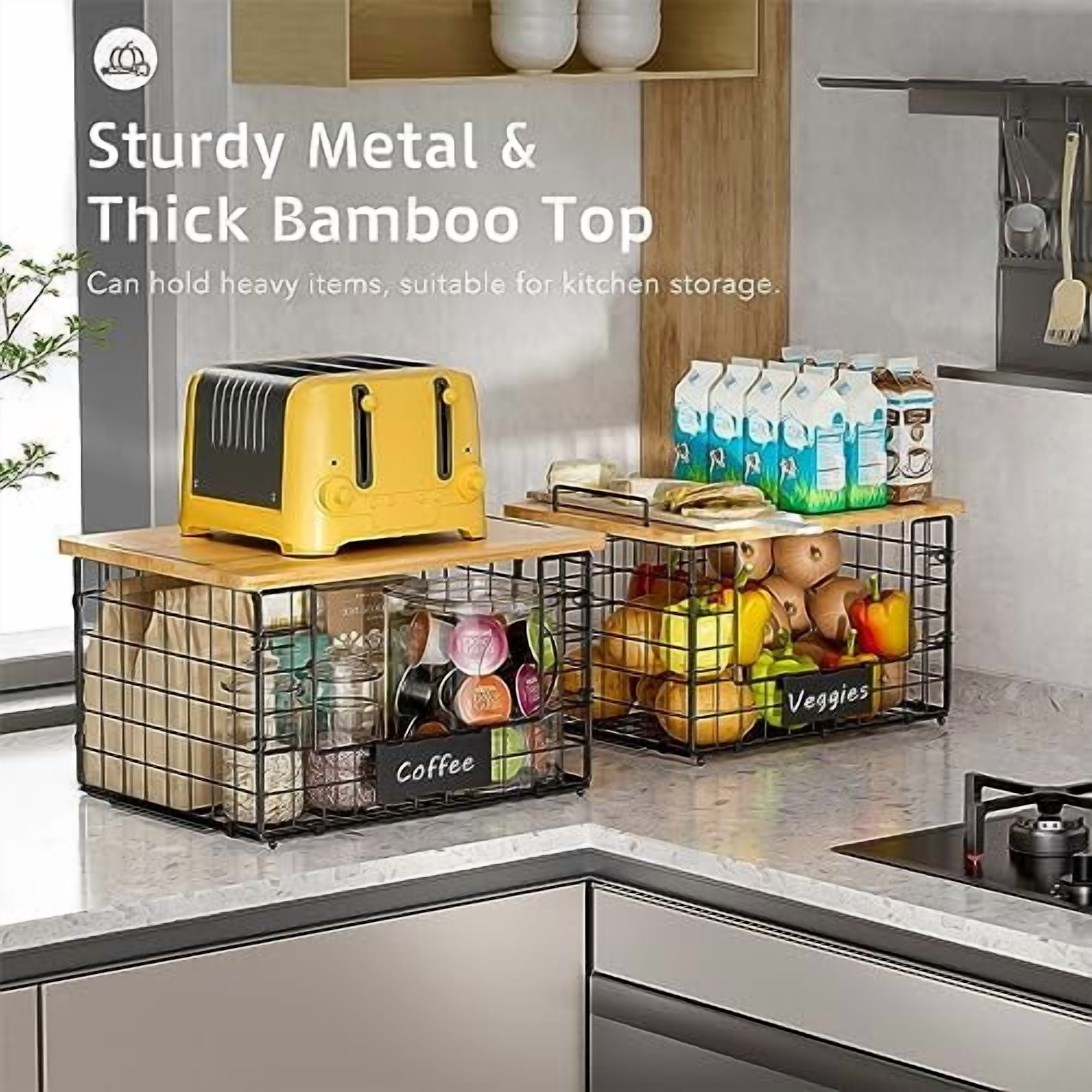 2 Pack Stackable Wire Baskets with Bamboo Top for Pantry Organizers and Storage, XXL Kitchen Organization Counter Basket for Fruit, Vegetable, Produce, Bread, Potato and Onion Storage Bins