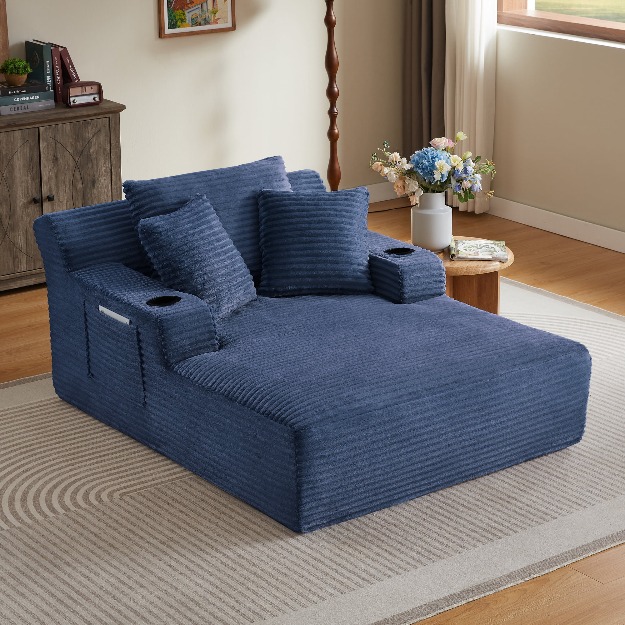 Leumius Oversized Chaise Lounge Chair Indoor,Cloud Plush Corduroy Upholstered Sofa Bed with Cupholders,Deep Seat Boneless Sofa with Pillows for Living Room Bedroom, No Assembly Required,Blue