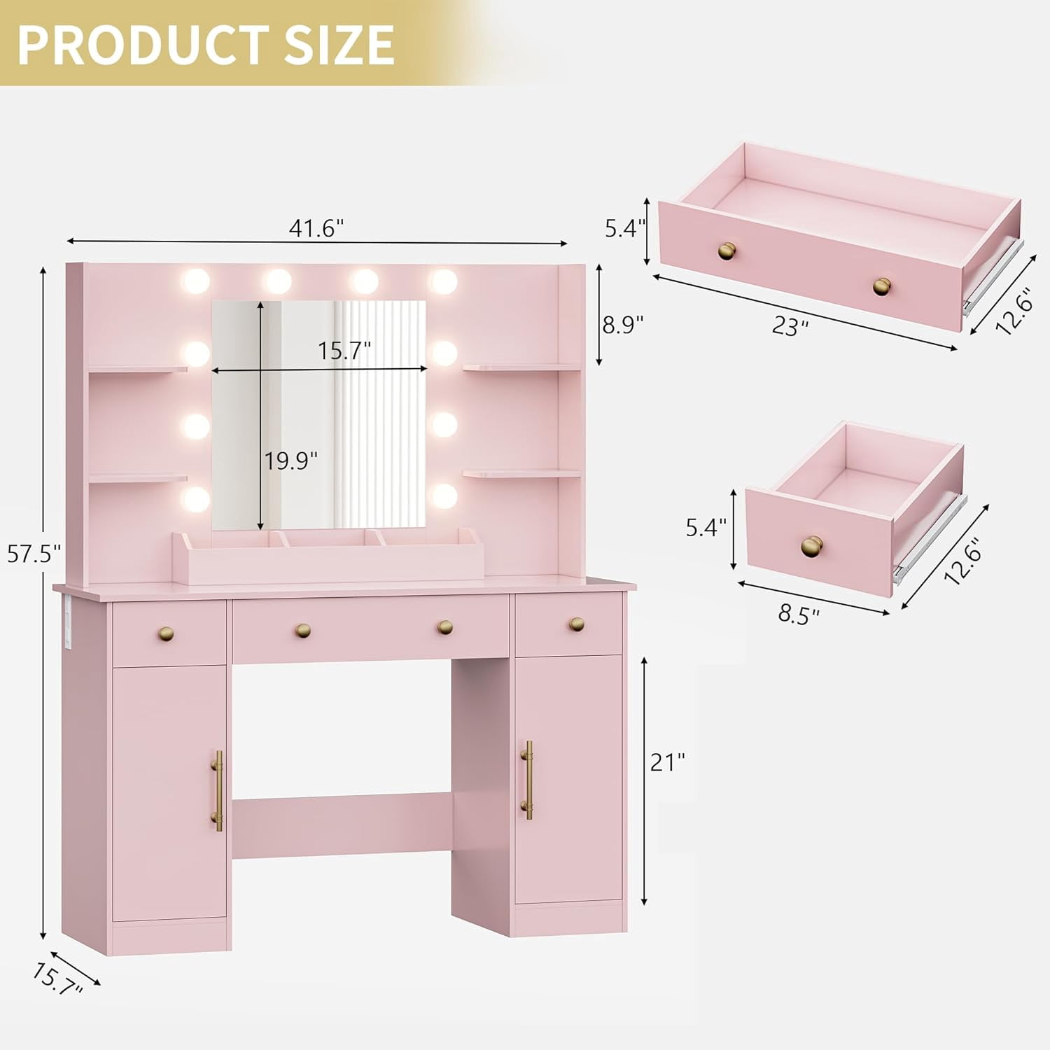 FANRAL 43'' Vanity Desk with 10 LED Lights,Under-Table RGB Strip & Built-in Power Station,Multi-Storage Makeup Table for Bedroom Bathroom Grooming,Pink Vanity