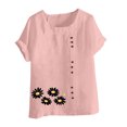 thumbnail image 4 of Cmfcve Women's Graphic Tops Short Sleeve Round Neck Cotton Linen Tee Shirt Daisy Printed Henley Button Blouse, 4 of 5