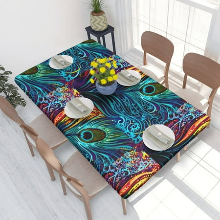 

Home Deluxe Tablecloth Multicolor Peacock Feather Art1 Waterproof Elastic Rim Edged Table Cover- For Christmas Parties And Picnics 4ft
