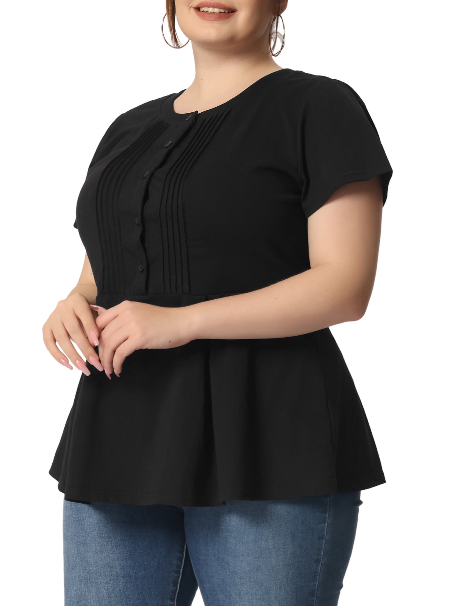 Unique Bargains Women's Plus Size Pintuck Half Placket Short Sleeve Peplum T-Shirt