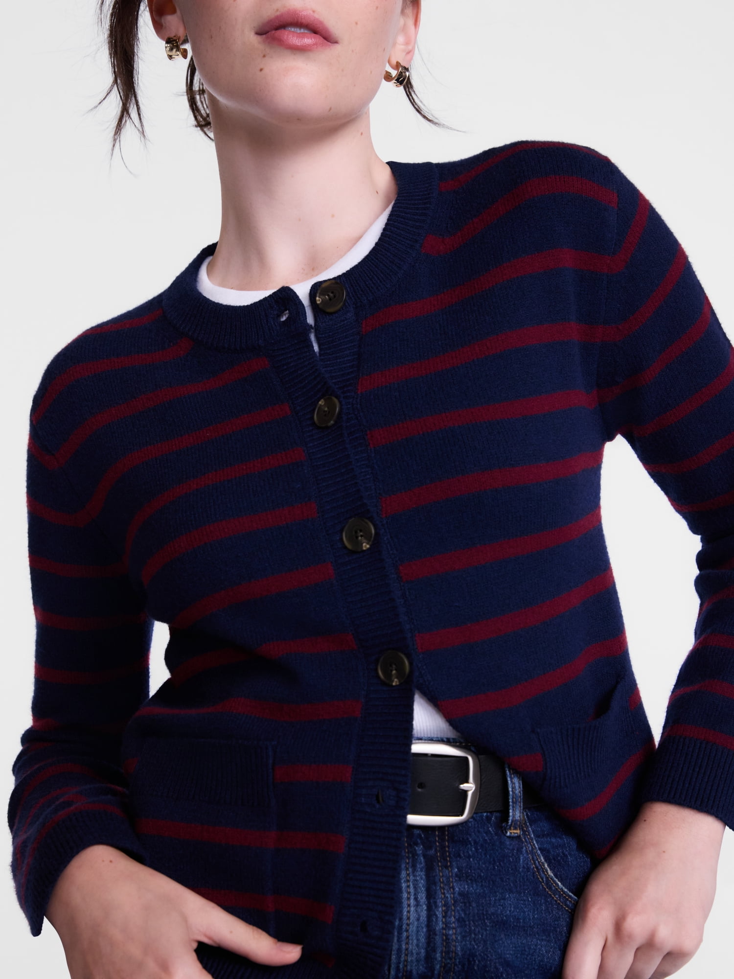 Scenario Women's Crewneck Cardigan with Patch Pockets, Lightweight, Sizes XS-XXXL