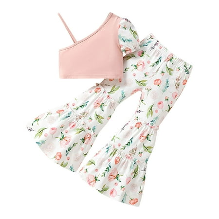 

Toddler Girls Outfits Holiday Outfits Sleeveless T Shirt Vest Tops Butterfly Floral Printed Bell Bottoms Pants Kids Fall Girls Clothes 4 Years-5 Years