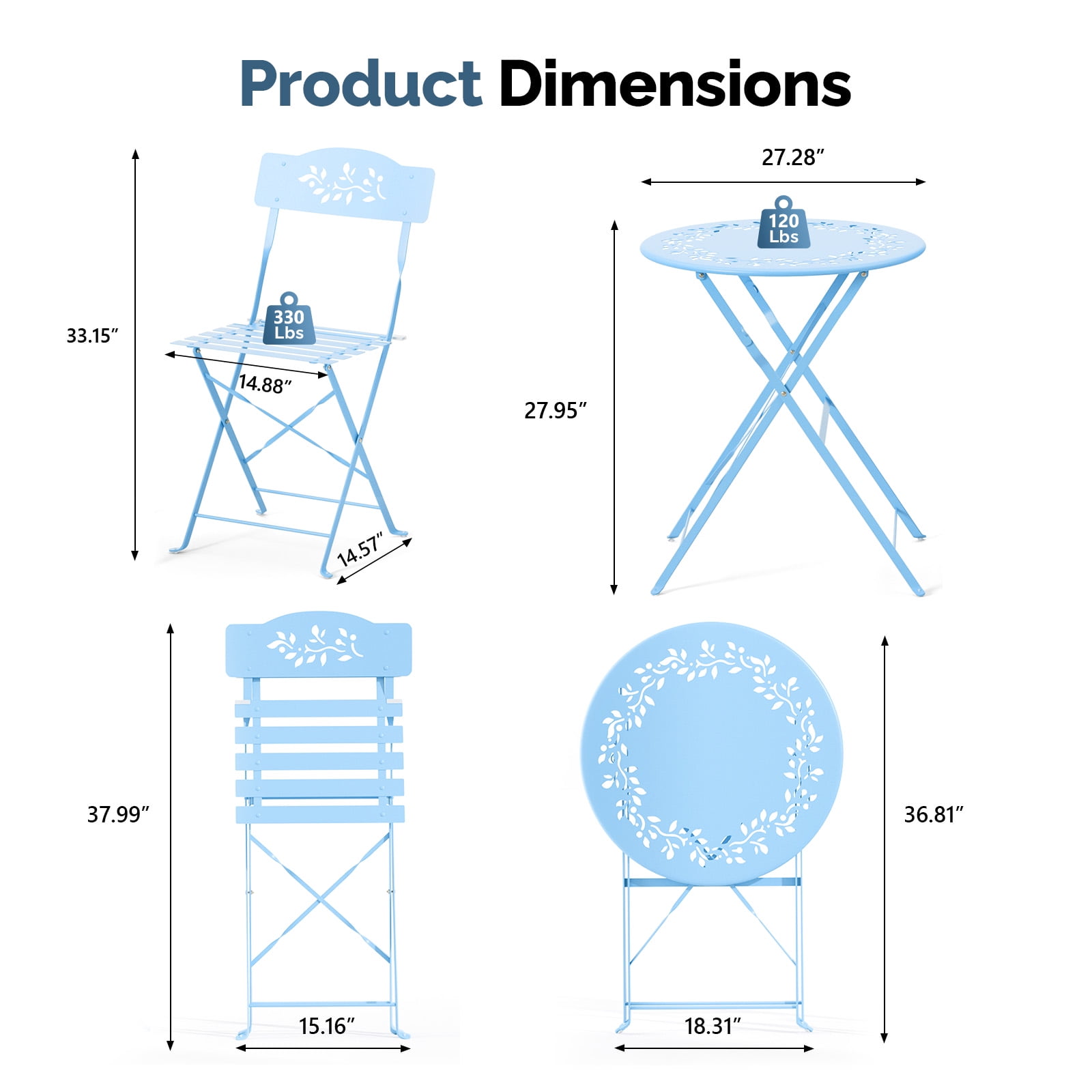 Ktaxon Outdoor 3-Piece Folding Bistro Set with Cushion, Small Metal Patio Seating Furniture Set - Blue