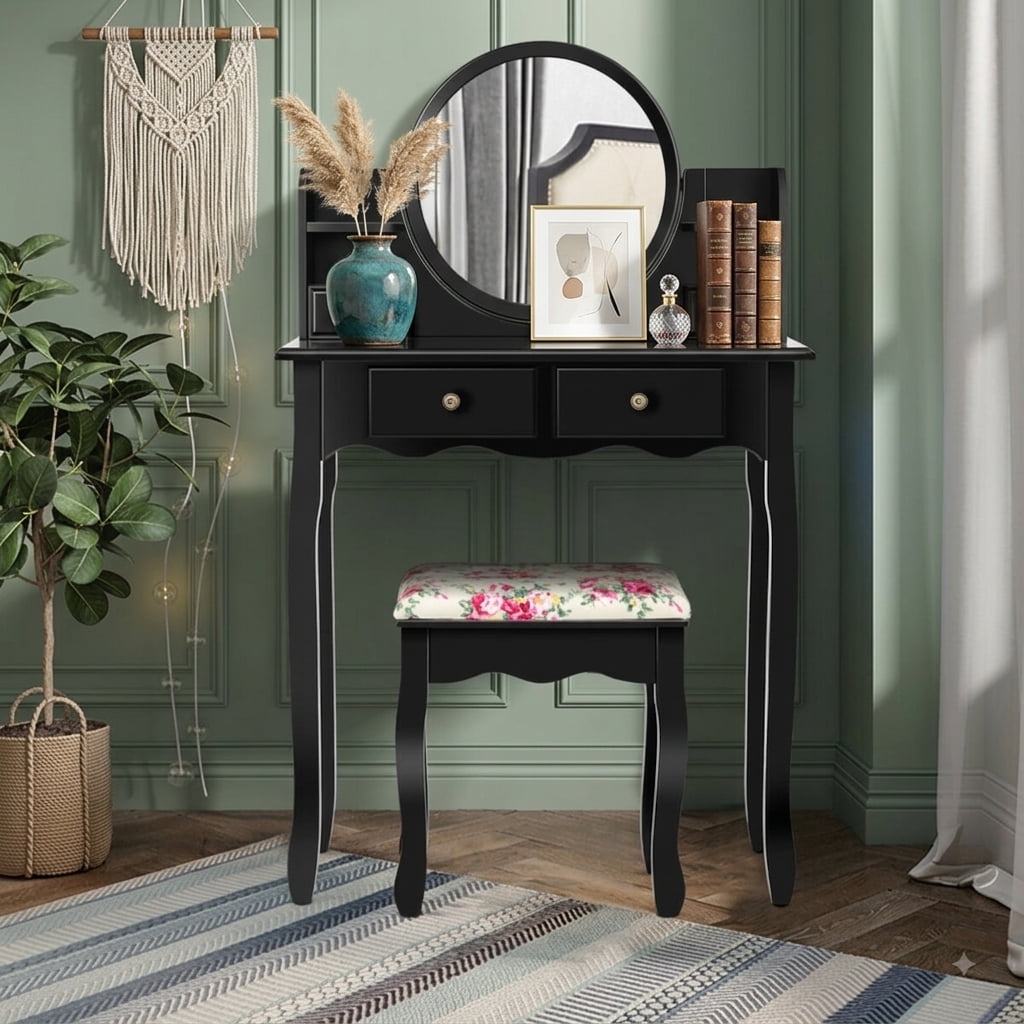 Furnibear Makeup Vanity Table Set Girls Dressing Table with Drawers Oval Mirror for Bedroom Makeup Dressing Room Vanity Desk Mirror Set, Black