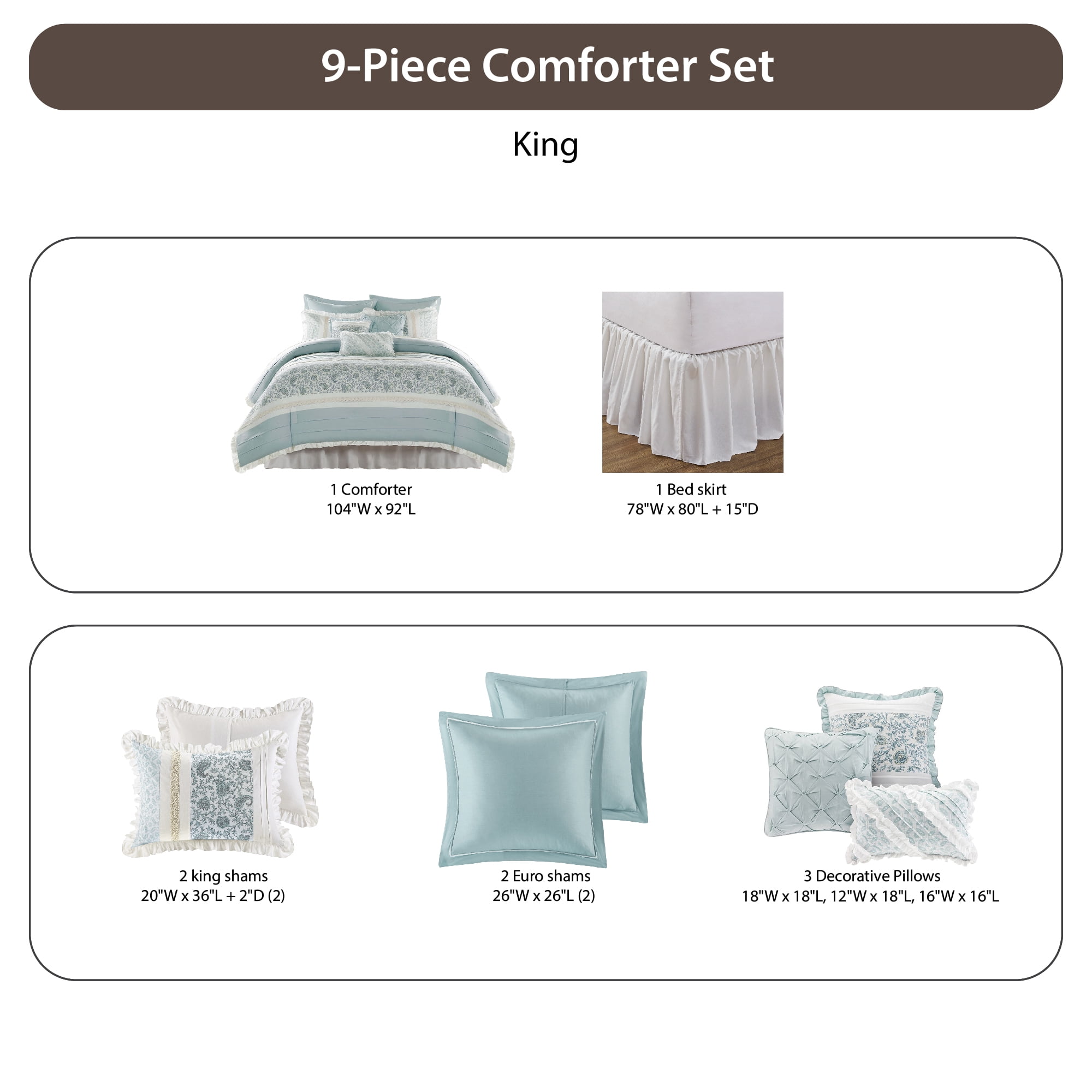 Madison Park King Size Comforter Set with Lace Taping Pintucked, Bedroom, Aqua, 9-Piece