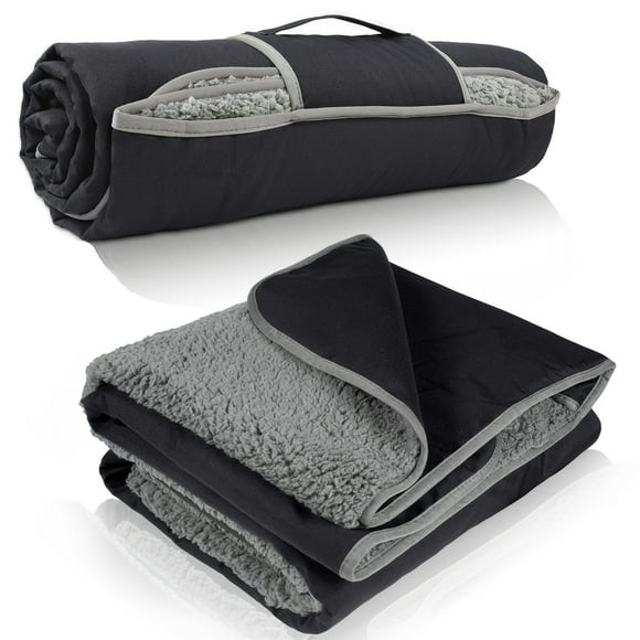 FlyingStar Waterproof Outdoor Blanket with Sherpa Lining, Windproof Triple Layers Warm Comfy Foldable for Camping Stadium, Sports, Picnic, Grass, Concerts and Pet, Red Plaid, Black/Grey, 59''X 79''