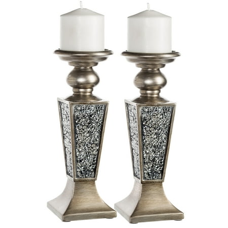 Schonwerk Pillar Candle Holder Set of 2- Crackled Mosaic Design- Home Coffee Table Decor Decorations Centerpiece for Dining/Living Room- Best Wedding Gift