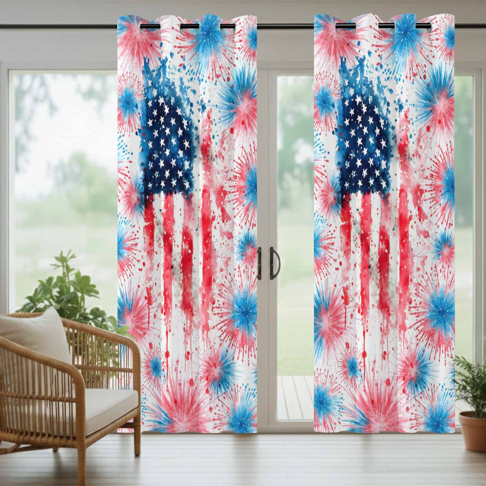 Independence Day Firework Outdoor Curtains for Patio, Abstract American Flag Red Blue Star Sunshade Privacy Drapes Grommet Waterproof Outside Curtains for Porch/Cabana/Balcony 54"x 108", 1 Panel