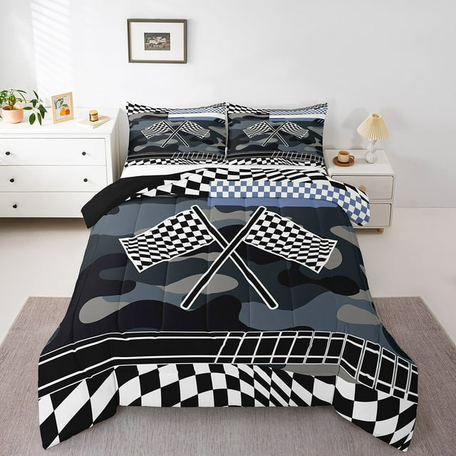 YST Race Car Comforter Set King Size for Boys Kids Teens, Racing Car Bedding Sport Checkered Cool Speed Comforter, Camo Flag Automobile Chessboard Pattern Bed Set for Bedroom Bed Decor