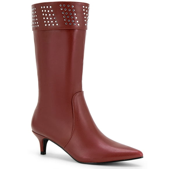 Unique Bargains Women's Pointed Toe Kitten Heels Knee High Boots Burgundy (Size 7.5)
