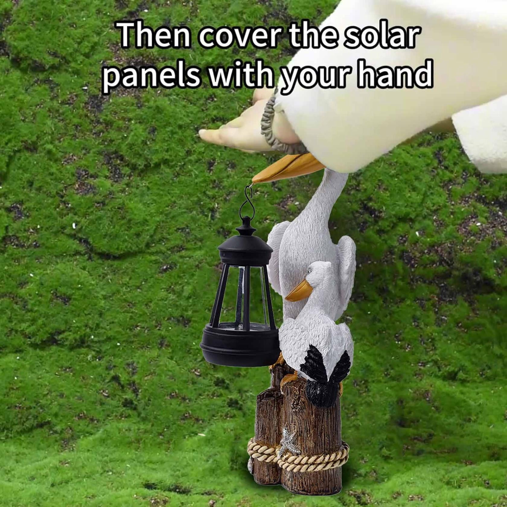 Solar LED Lantern Pelican Statue Resin Seabird Figurine on Tree Stump Mediterranean Style Sculpture for Porch Patio Yard Balcony Decor(C)