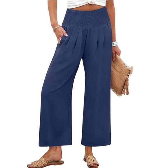 Women Wide Leg Palazzo Pants High Waisted Casual Lounge Pants 2026 Summer Beach Vacation Outfits with Pockets (Blue,L)