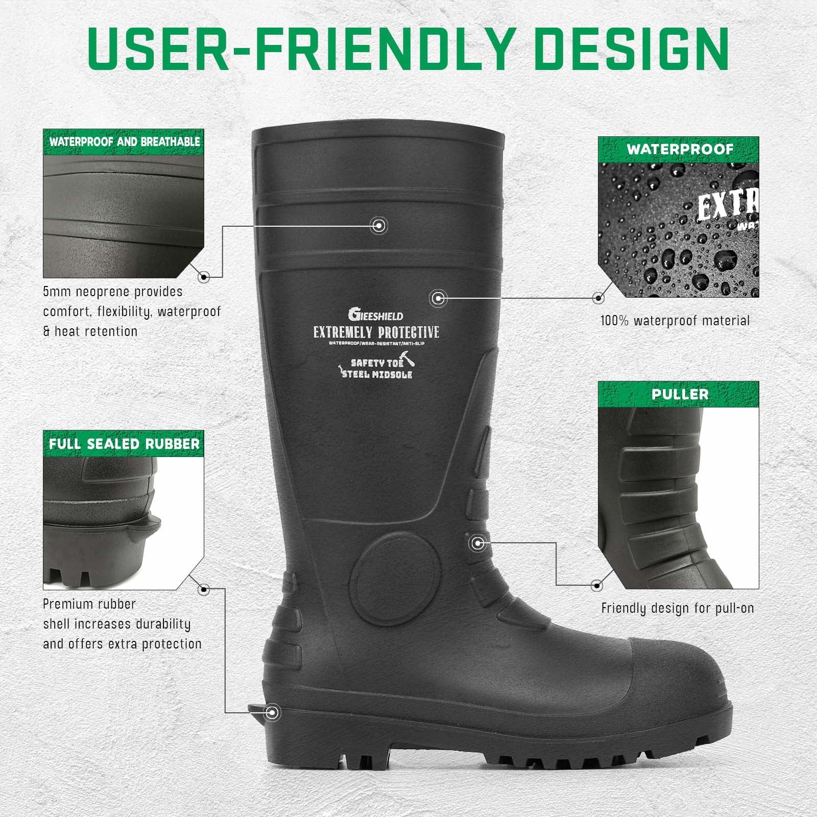 GIEESHIELD Men's Rain Boots Steel Toe PVC Rubber Boots - Waterproof Slip-Resistant Garden Fishing Outdoor Knee High Work Boots for Construction, Agriculture, Industrial & Heavy Duty, Size 8