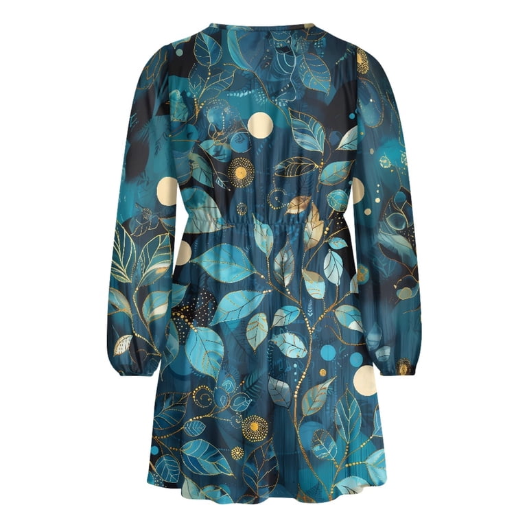 Yuyamidu Leaves Long Sleeve Dresses for Girls Women Casual Flowy Flared  Dress Size 2XL Moon Ladies V Neck A-Line Fit Twirl Dress Casual Knee Length Flared  Dress - Walmart.com