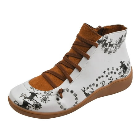 

iOPQO Women s Ankle Boots Comfortable Short Shoes Printing Flat Christmas Toe Women Zipper Round Retro Booties Women s Boots Vintage Plus Size Christmas Brown 41