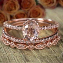 Sale 2.75 carat Antique Design 8x6mm Oval Shape Morganite & Diamond Moissanite Trio Ring Set with 18k Gold Plating