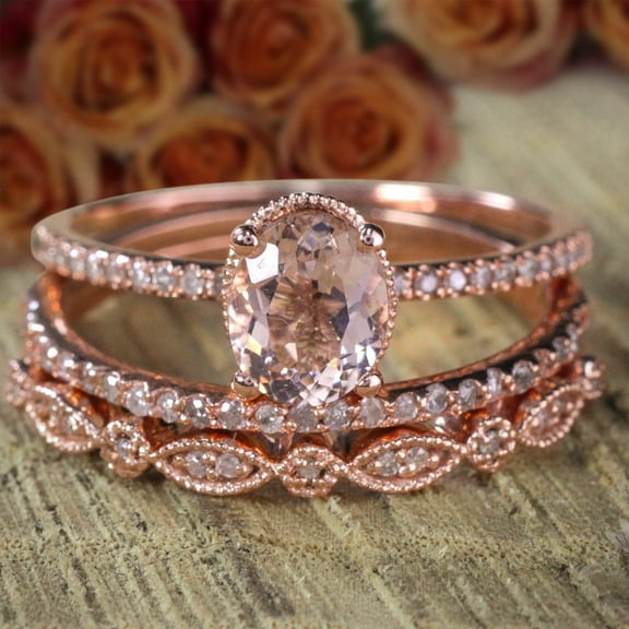 Sale 2.75 carat Antique Design 8x6mm Oval Shape Morganite & Diamond Moissanite Trio Ring Set with 18k Gold Plating