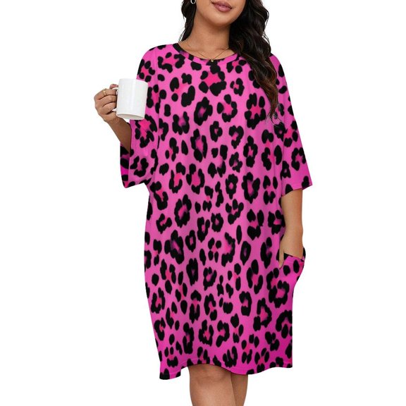 Leopard Neon Pink Sleepshirts For Sleeping Travels Loose Sleepdress Pajama Dress Soft Nightdress Sleepwear