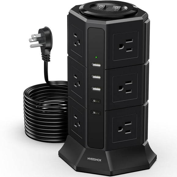 Protector contra sobretensiones Power Strip Tower NVEESHOX con 12 AC y 5 USB