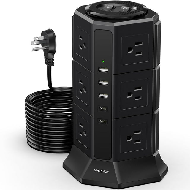 Protector contra sobretensiones Power Strip Tower NVEESHOX con 12 AC y 5 USB