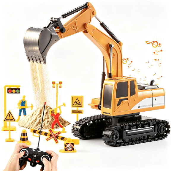 Petbank Remote Control Excavator for Kids, 6 Channel Rechargeable RC Truck Excavator Construction Vehicle, Navvy Toys with Metal Shovel Lights Sounds for Boys Girls Gifts