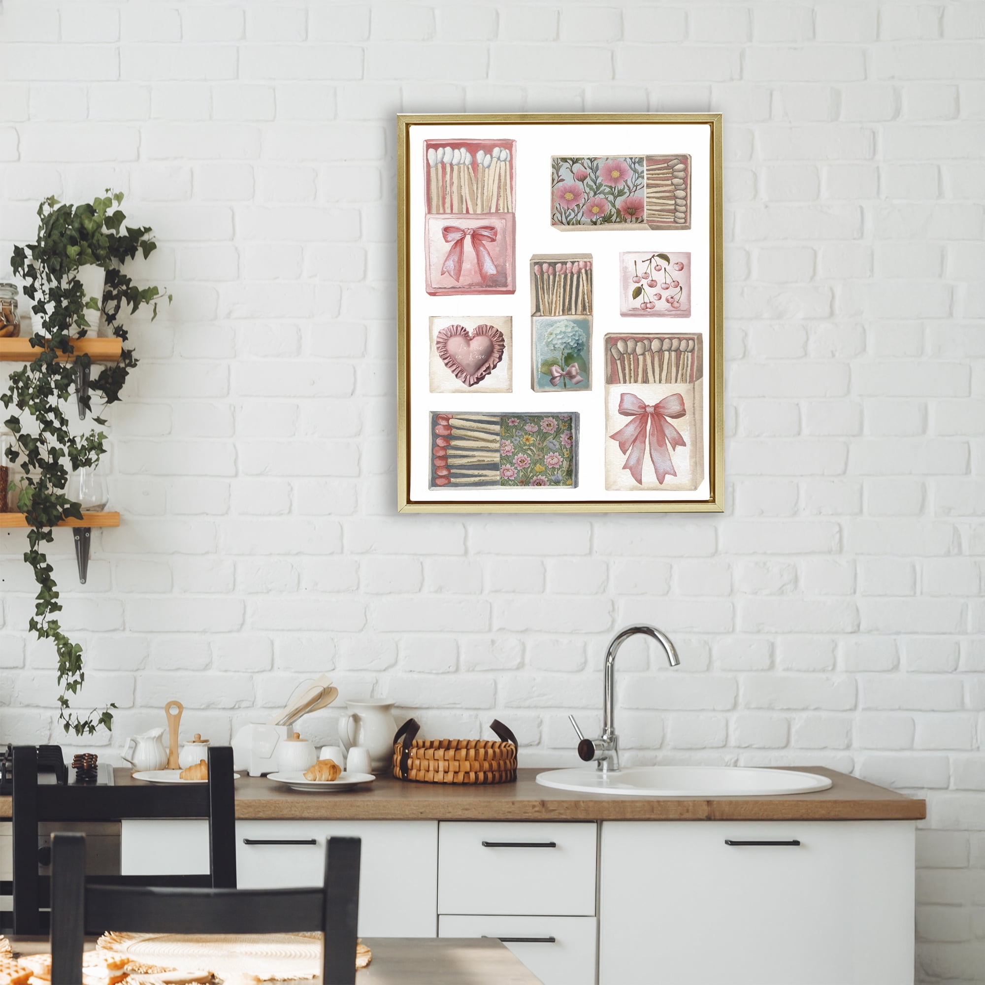 Stupell Industries Vintage Feminine Matchbooks Gold Framed Floater Canvas Wall Art, design by Elizabeth Medley
