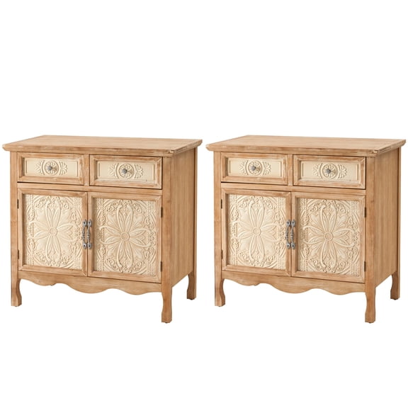 May in Color Sideboard Buffet Cabinet Set of 2, Farmhouse Solid Wood Frame with 2 Drawers and Doors, for Living Room Bedroom Kitchen Entryway, Natural