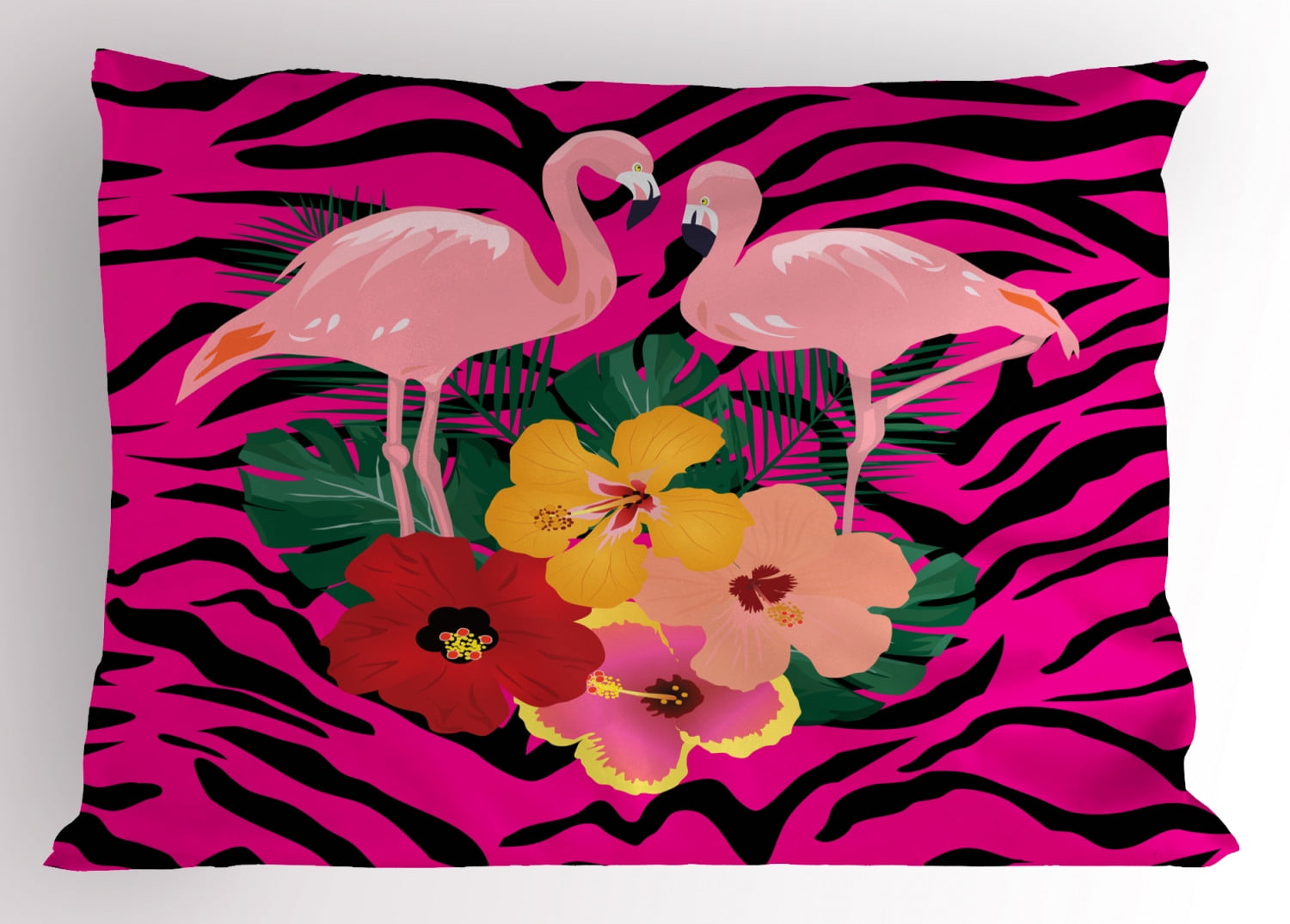 Pink Zebra Pillow Sham Exotic Love Pink Flamingos on Hibiscus Bouquet