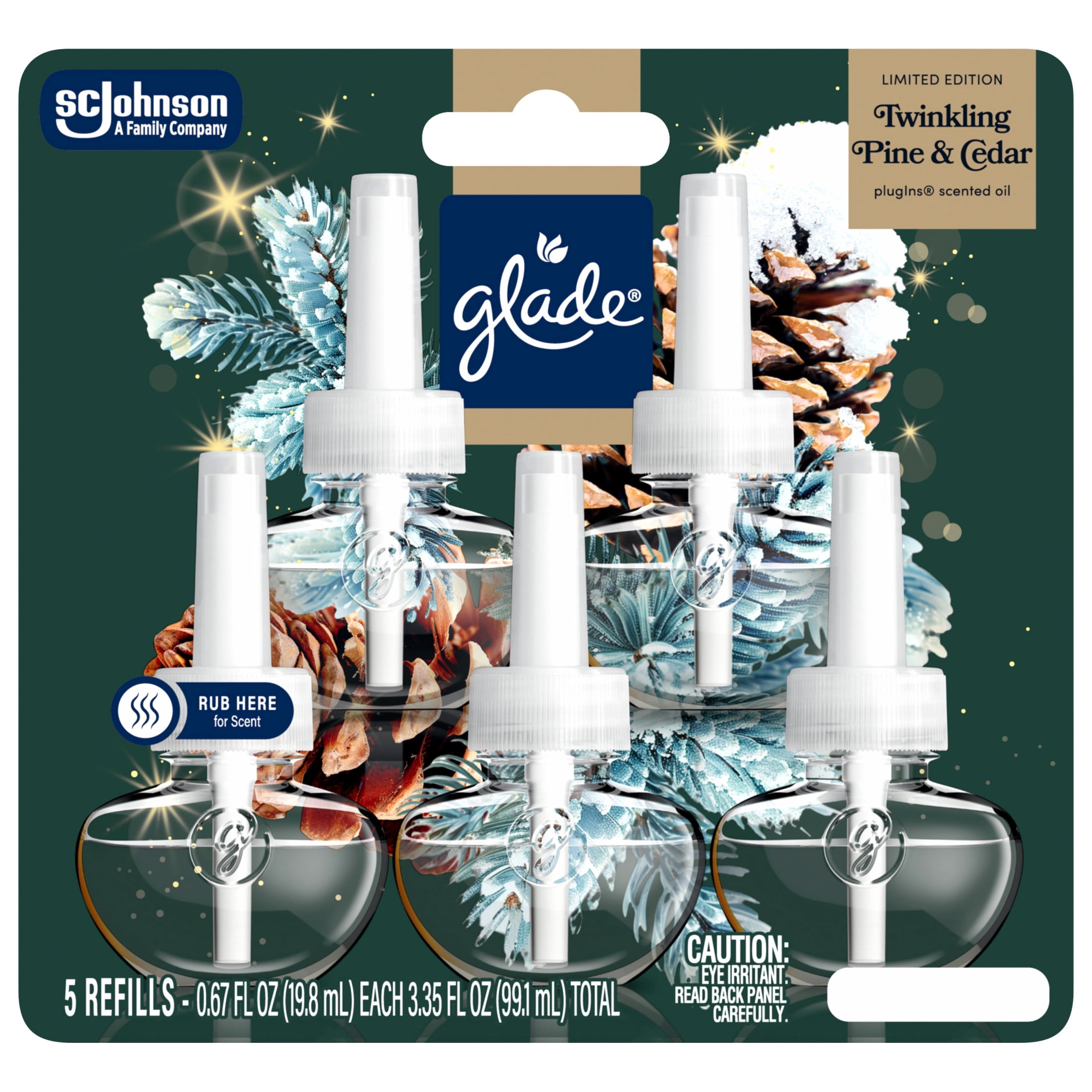 Glade® PlugIns® Scented Oil 5 Refills, Air Freshener, Twinkling Pine & Cedar, 3.35 fl oz, Pack of 5