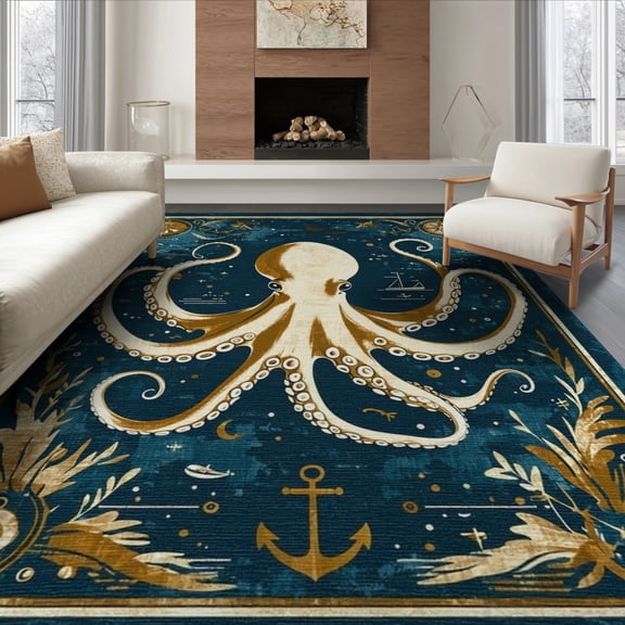 ODIKA 8'x10' Washable Area Rug Octopus Koi Vintage Nautical Tentacle Compass Border Cartoon for Dining Room, Large Office, Lounge, Non-Slip Chair-Friendly Mat