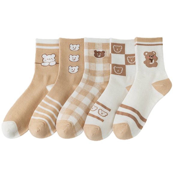 MesaSe Women Crew Socks Cartoon 5 Pairs Cute Bear Cotton Socks Casual Socks for Girl