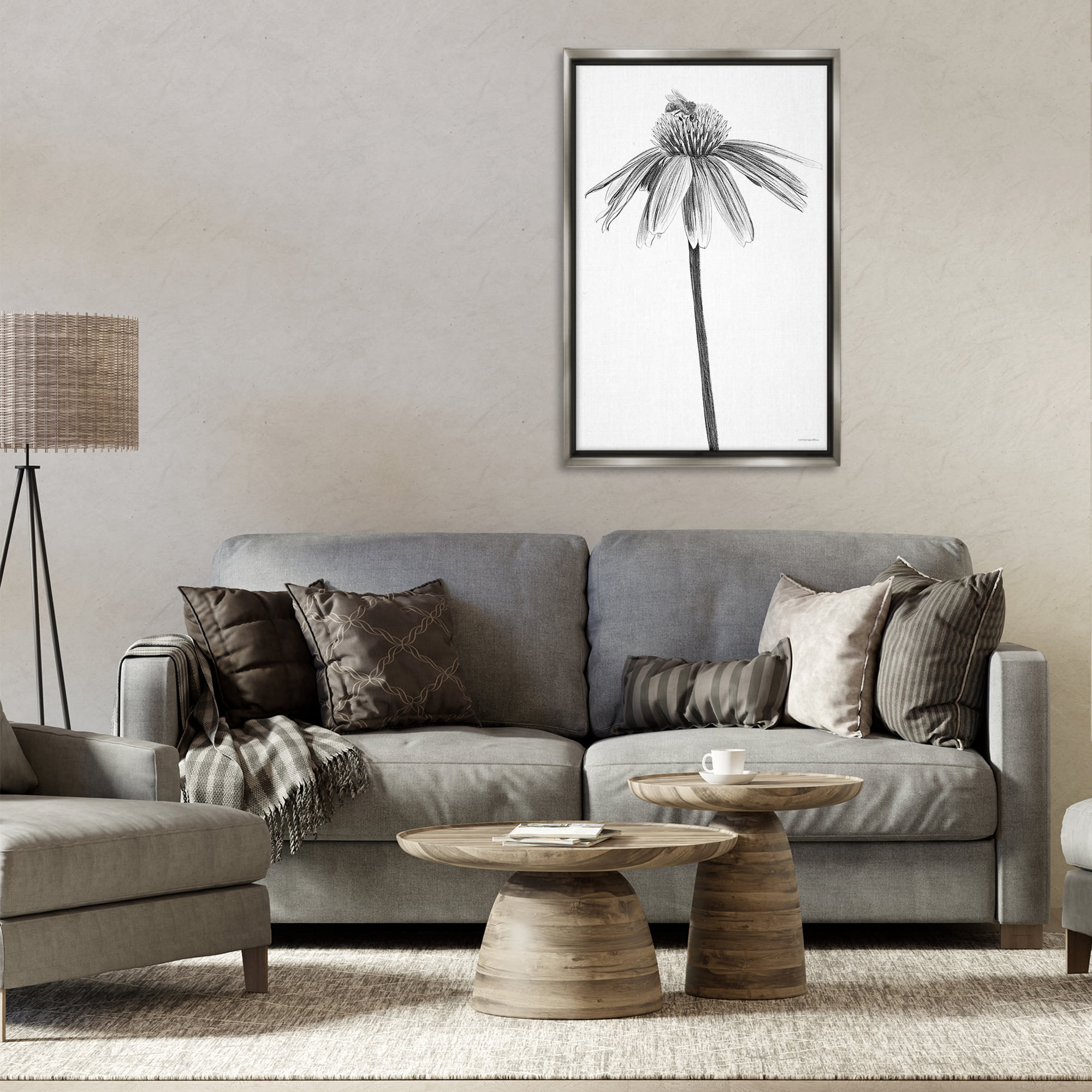 Stupell Industries Simple Daisy Sprig Botanical & Floral Drawing Gray Floater Framed Art Print Wall Art, 21 x 31