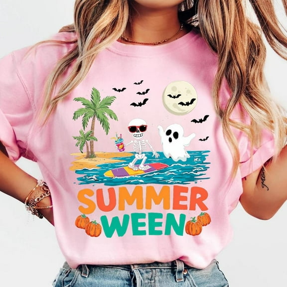 Cute Summerween Ice Cream Shirt, Trendy Halloween Summer Vacation Tee, Spooky Season Graphic T-Shirt for Women