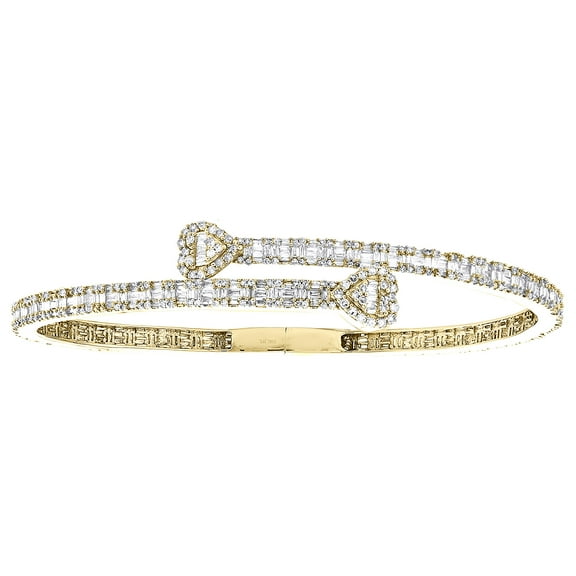 10K Yellow Gold Baguette Diamond Bypass Bangle Heart Bracelet 7.75" 2.62 Ct.