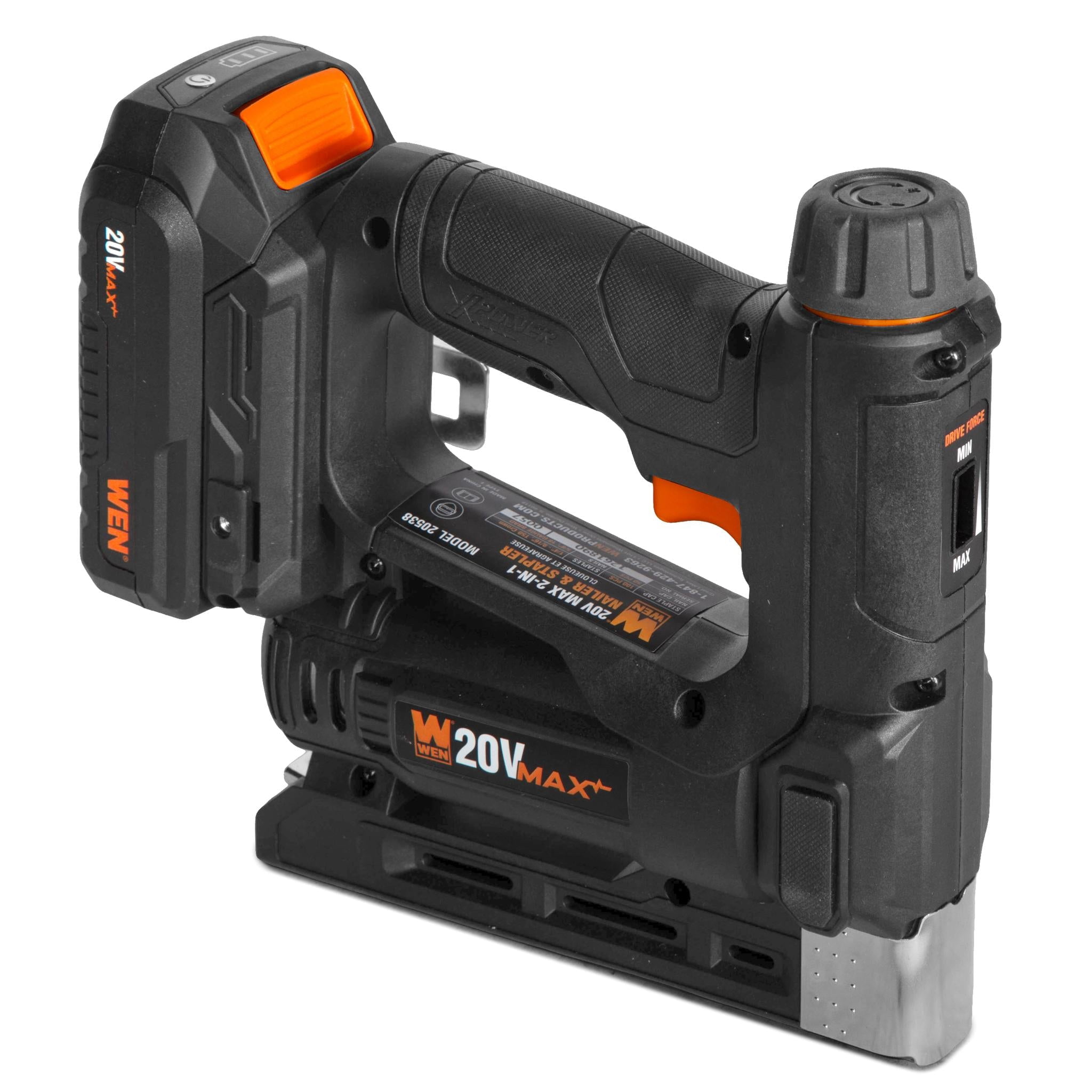 WEN 20V Max Cordless 2-in-1 18-Gauge Brad Nailer and T50 Crown Stapler with 2.0Ah Battery and Charger (20539)