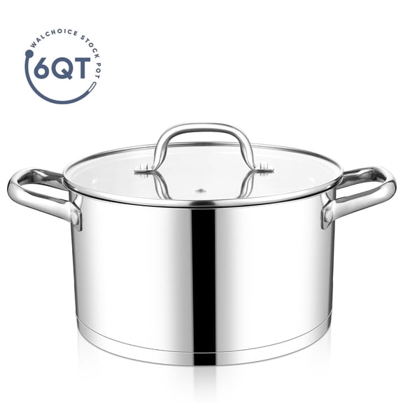 Walchoice 6 Quart Stock Pot with Lid, Large Stainless Steel Stockpot for Simmering Soup Pasta, Heavy Duty Induction Cooking Pot with Visible Lid & Tri-Ply Bottom