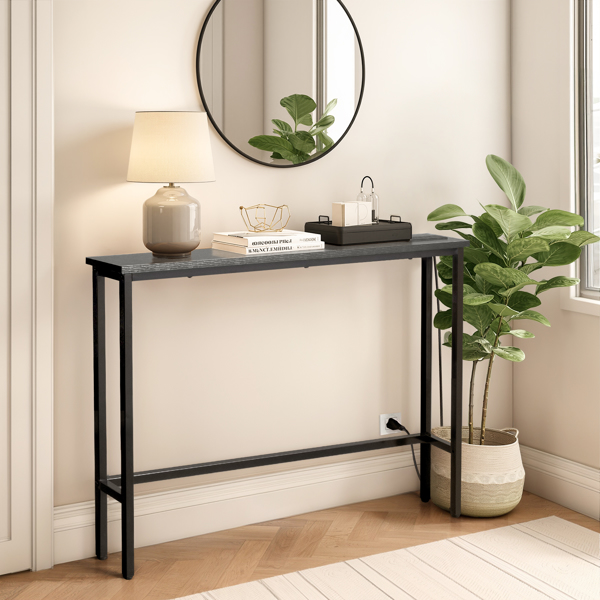 39.4" Narrow Console Sofa Table - Oak Wood & Black Metal, Adjustable Feet, Stable Metal Frame for Living Room, Behind Sofa, Apartments, Dorms