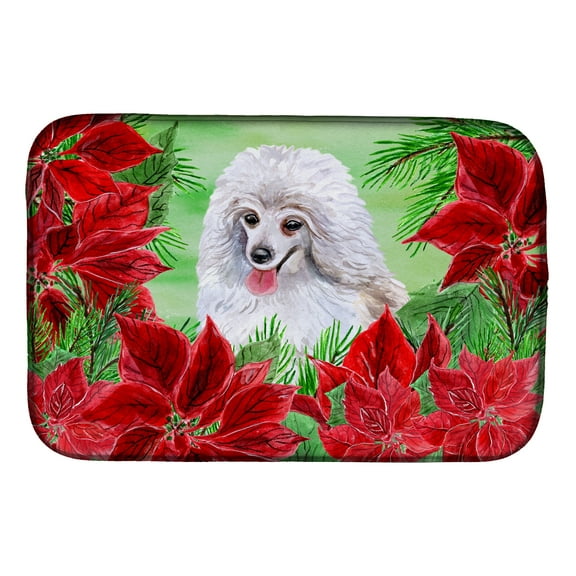 Medium White Poodle Poinsettas Dish Drying Mat