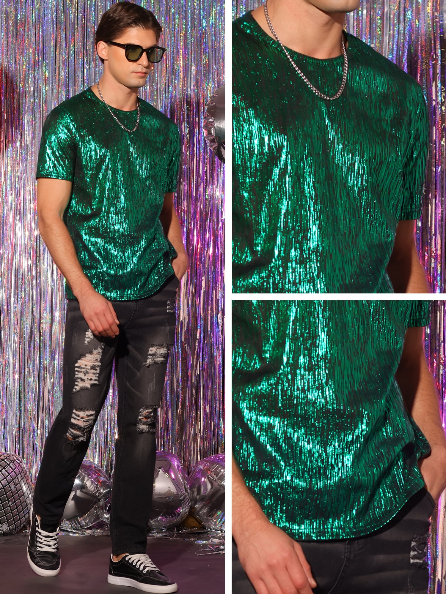 Unique Bargains Men's Metallic Shiny T-Shirt Round Neck Short Sleeves Sparkle Tee Top S Green