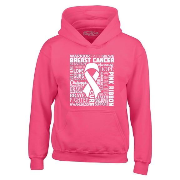 Shop4Ever Men's Breast Cancer Awareness White Ribbon Word Cloud Hooded Sweatshirt Hoodie XXX-Large Heliconia Pink